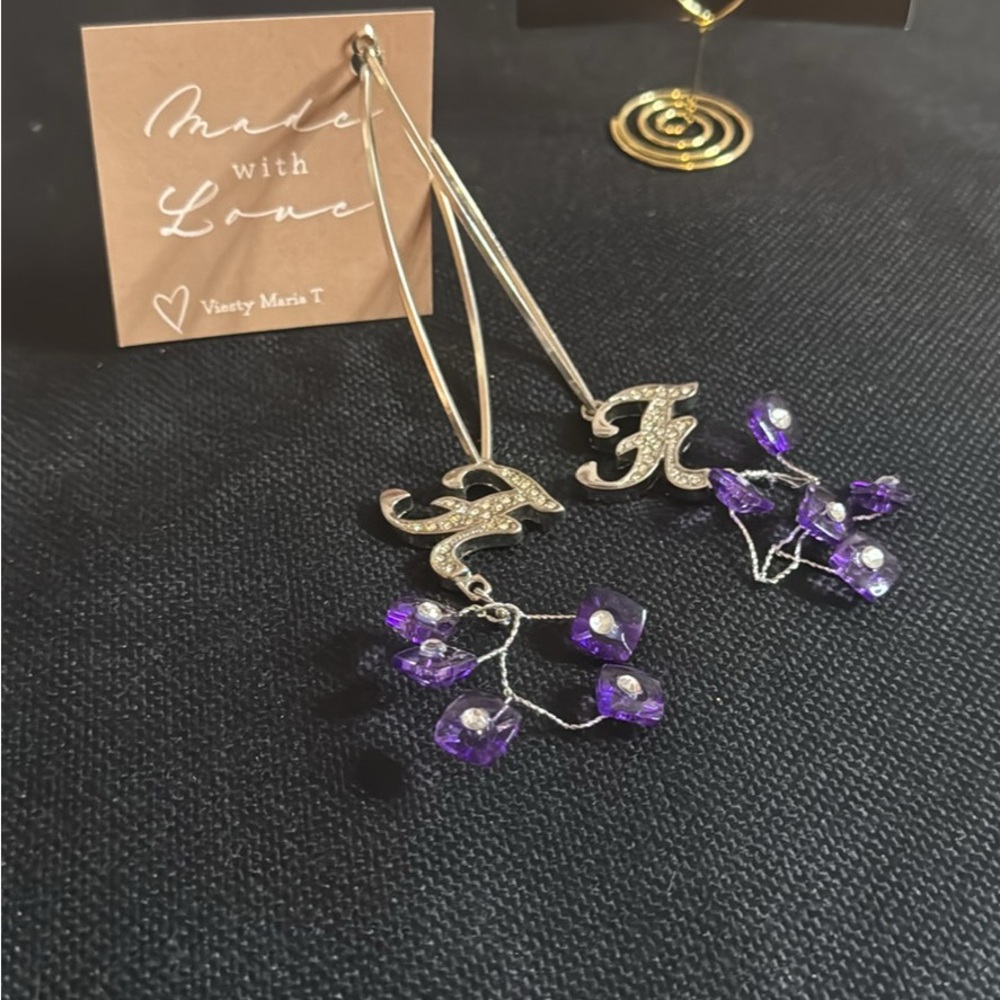Elegant Purple and Silver “F” Initial Earrings by Viesty Maria T